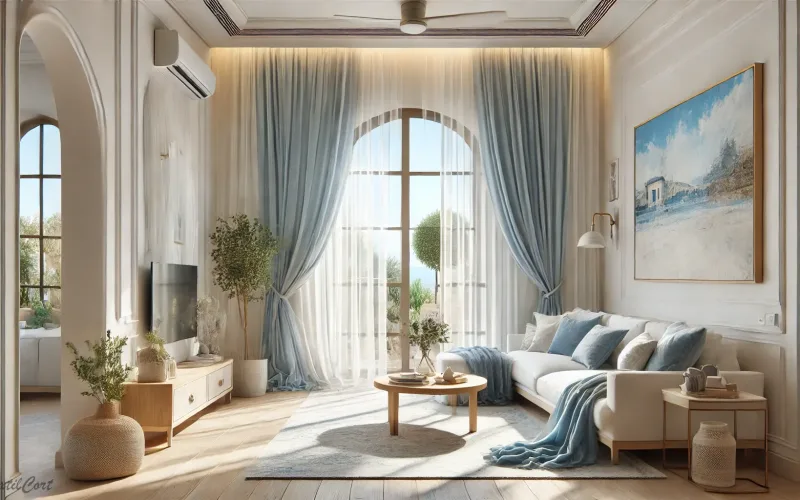 Salón estilo mediterráneo en salón luminoso con ventanal y muebles naturales – TextilCort