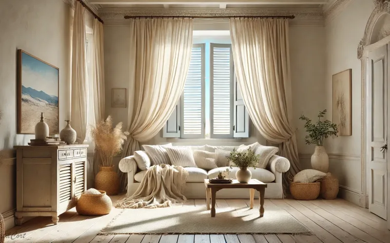 Sala de estar estilo mediterráneo en salón luminoso con detalles naturales y muebles vintage – TextilCort