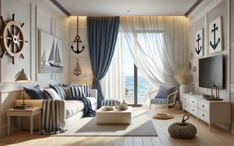 Estancia estilo mediterráneo en salón náutico con detalles marineros y vistas al mar – TextilCort