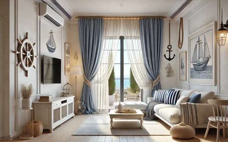 Estancia estilo mediterráneo náutico en salón luminoso con vistas al mar – TextilCort