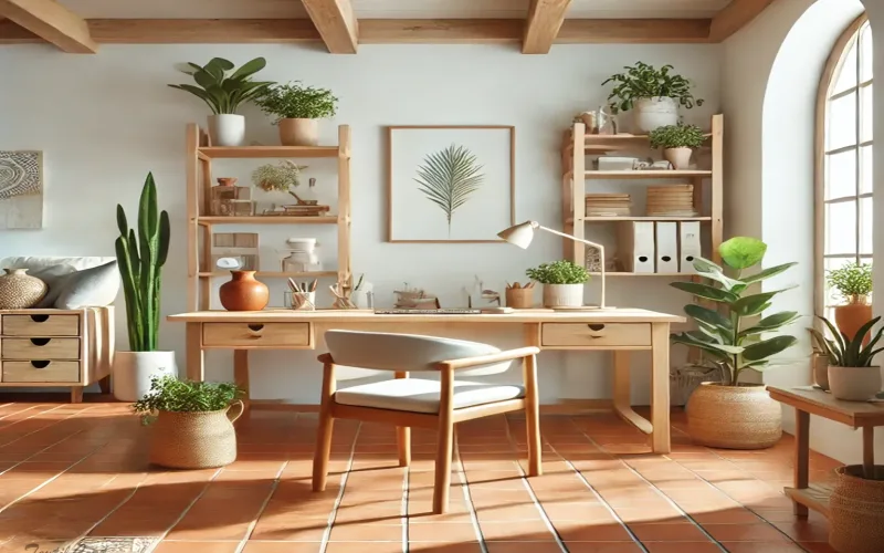 Oficina estilo mediterráneo con mobiliario natural y plantas – TextilCort