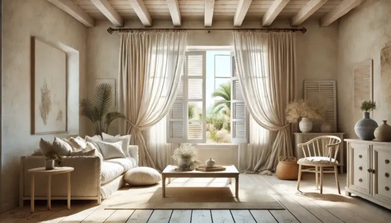 Cortinas estilo mediterraneo en salón luminoso con ventanales y detalles naturales – TextilCort