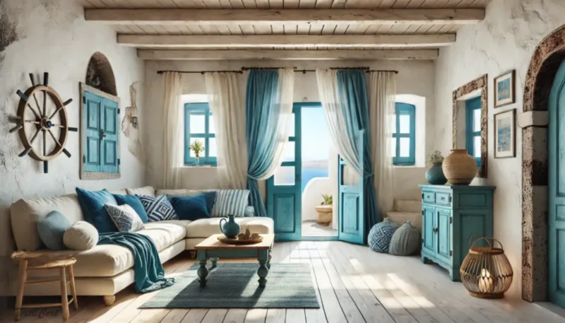 Cortinas estilo Islas Griegas en salón con vistas al mar y decoración mediterránea