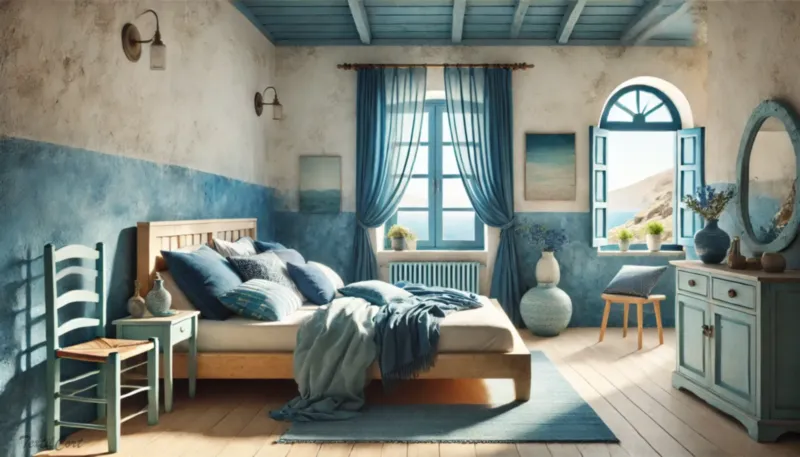 Cortinas estilo Islas Griegas en dormitorio luminoso con tonos azules y vistas al mar
