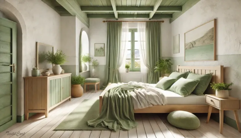 Cortinas estilo Islas Griegas en dormitorio luminoso con tonos verdes y decoración natural