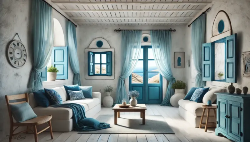 Cortinas estilo Islas Griegas en salón luminoso con vistas al mar y decoración costera