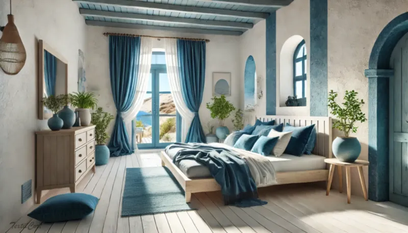 Cortinas estilo Islas Griegas en dormitorio luminoso con vistas al mar y tonos azules