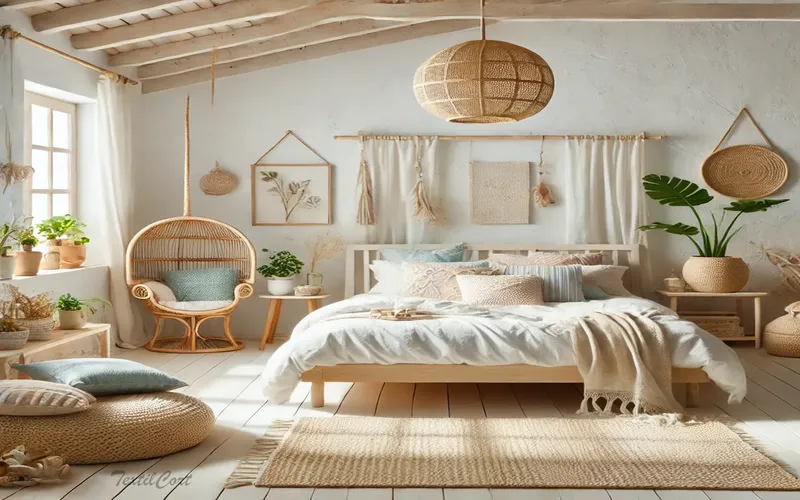 Cortinas estilo Islas Griegas en dormitorio con muebles naturales y decoración bohemia