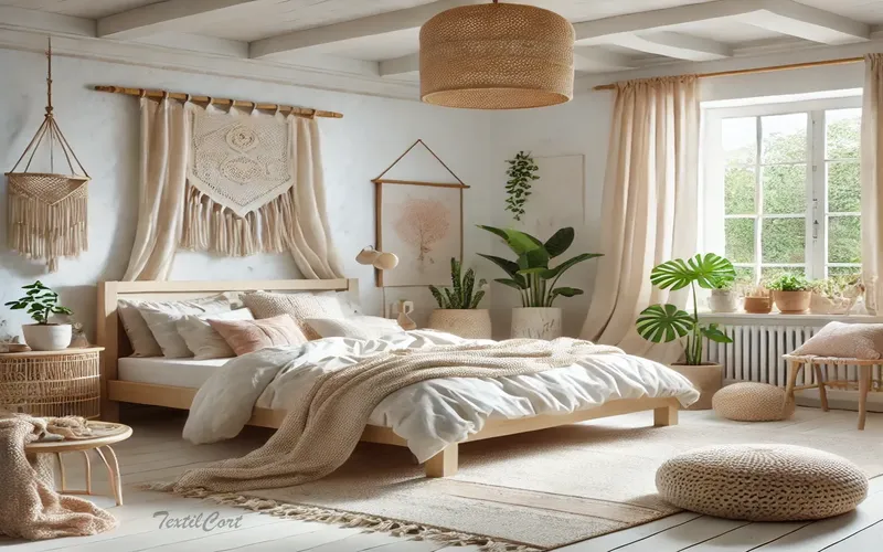 Cortinas estilo Islas Griegas en dormitorio bohemio con tonos neutros y detalles naturales