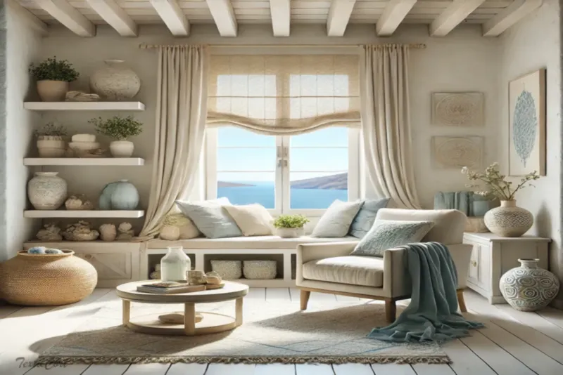 Cortinas estilo Islas Griegas en salón luminoso con detalles naturales y vistas al mar
