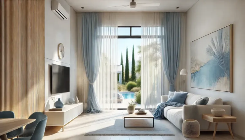 Cortinas estilo mediterraneo en salón luminoso con vista a piscina y detalles naturales – TextilCort
