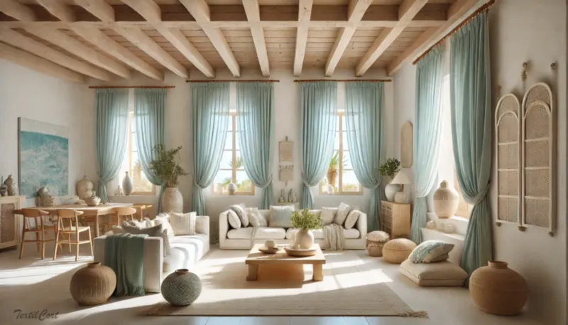 Cortinas estilo ibicenco en salón luminoso con muebles naturales y detalles en azul