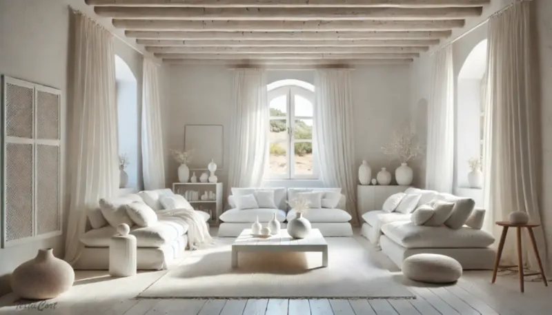 Cortinas estilo ibicenco en salón luminoso con decoración minimalista en blanco