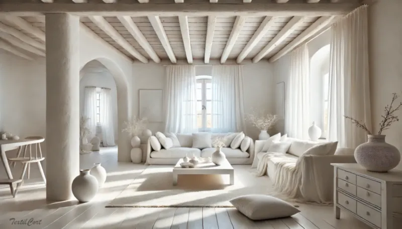 Cortinas estilo ibicenco en salón luminoso con decoración blanca y detalles minimalistas