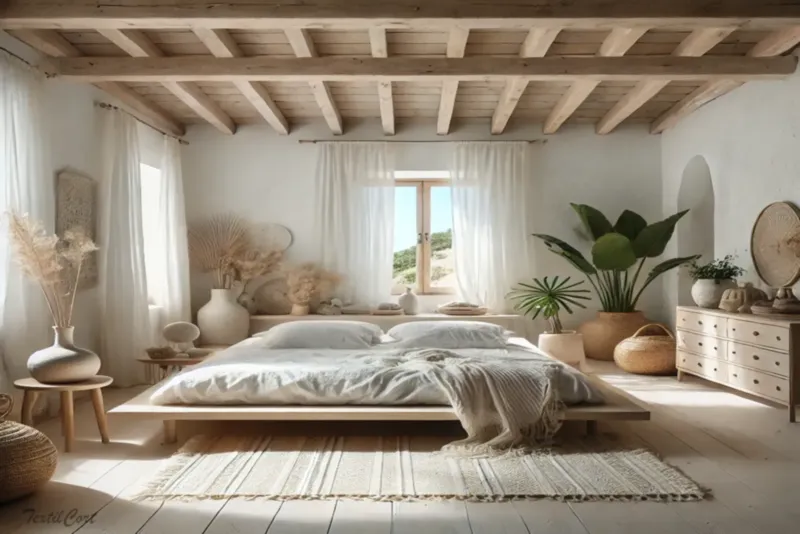 Cortinas estilo ibicenco en dormitorio luminoso con decoración natural y detalles en tonos neutros