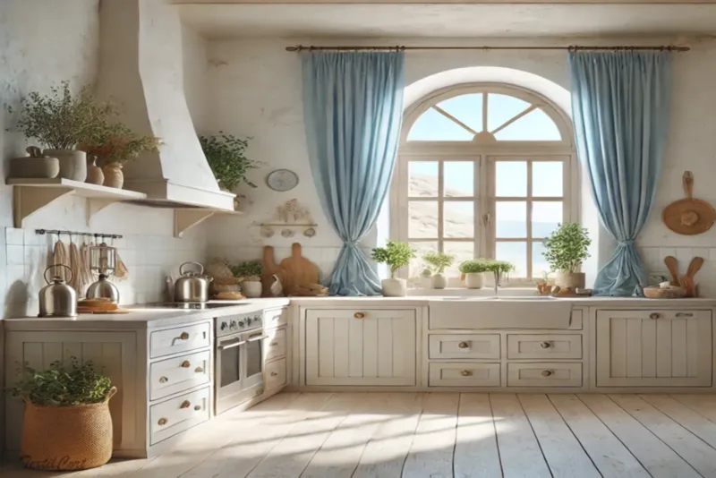 Cortinas estilo ibicenco en cocina luminosa con detalles naturales y suaves tonos azules