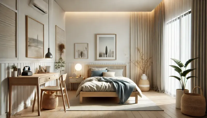 Cortinas estilo mediterraneo en dormitorio luminoso con muebles naturales y detalles suaves – TextilCort