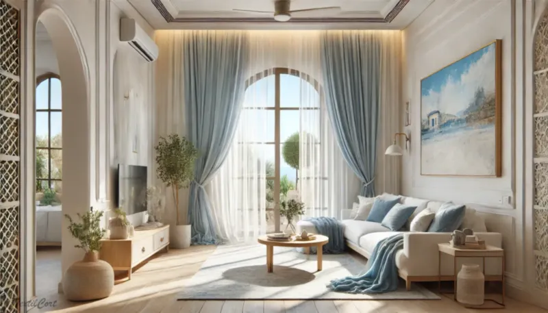 Cortinas estilo mediterráneo en salón luminoso con ventanal y muebles naturales – TextilCort