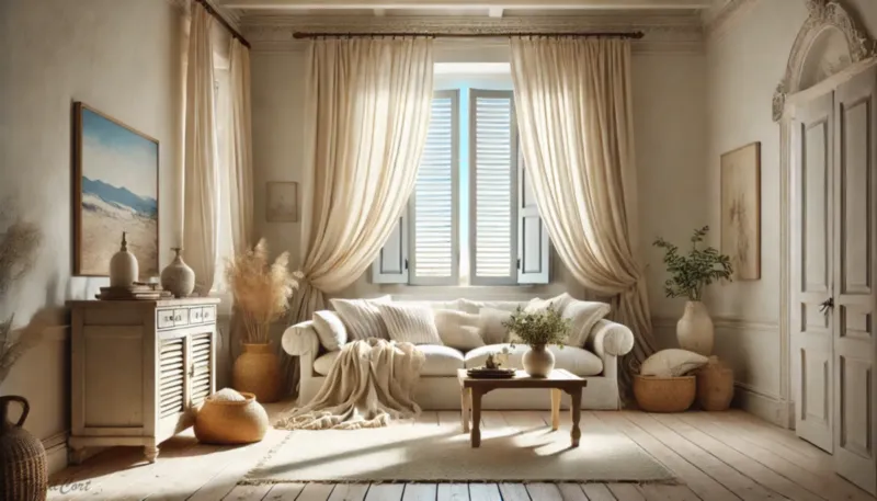 Cortinas estilo mediterráneo en salón luminoso con detalles naturales y muebles vintage – TextilCort