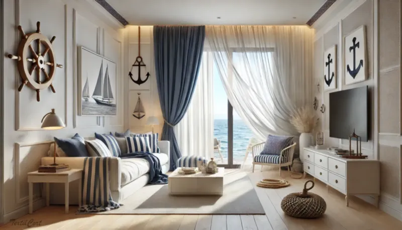 Cortinas estilo mediterráneo en salón náutico con detalles marineros y vistas al mar – TextilCort