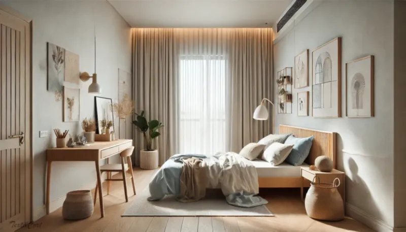 Cortinas estilo mediterráneo en dormitorio luminoso con muebles naturales y textiles suaves – TextilCort