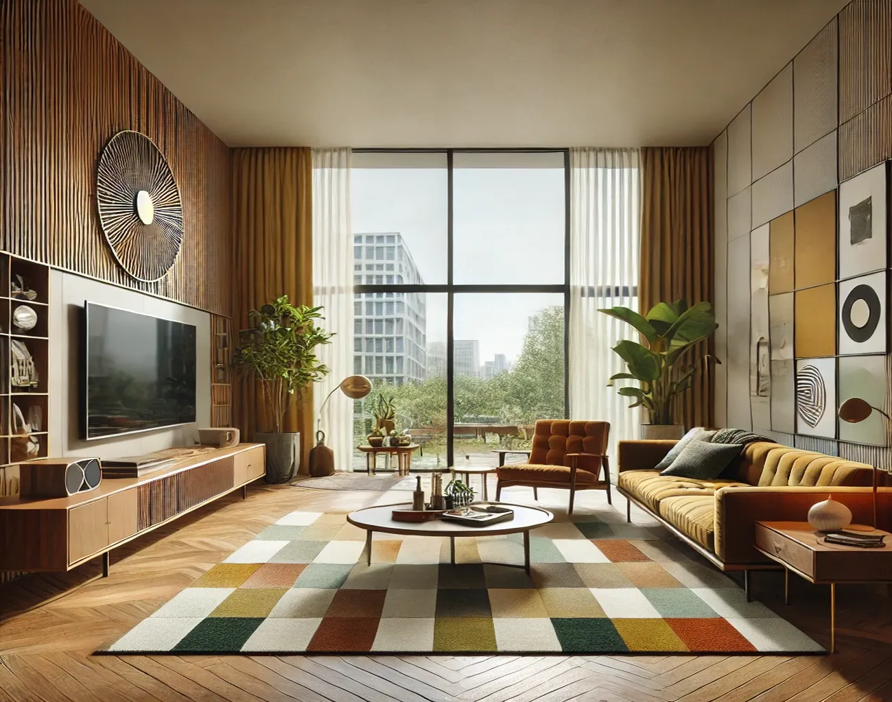 Cortinas y visillos estilo Mid Century en salón amplio con gran ventanal urbano