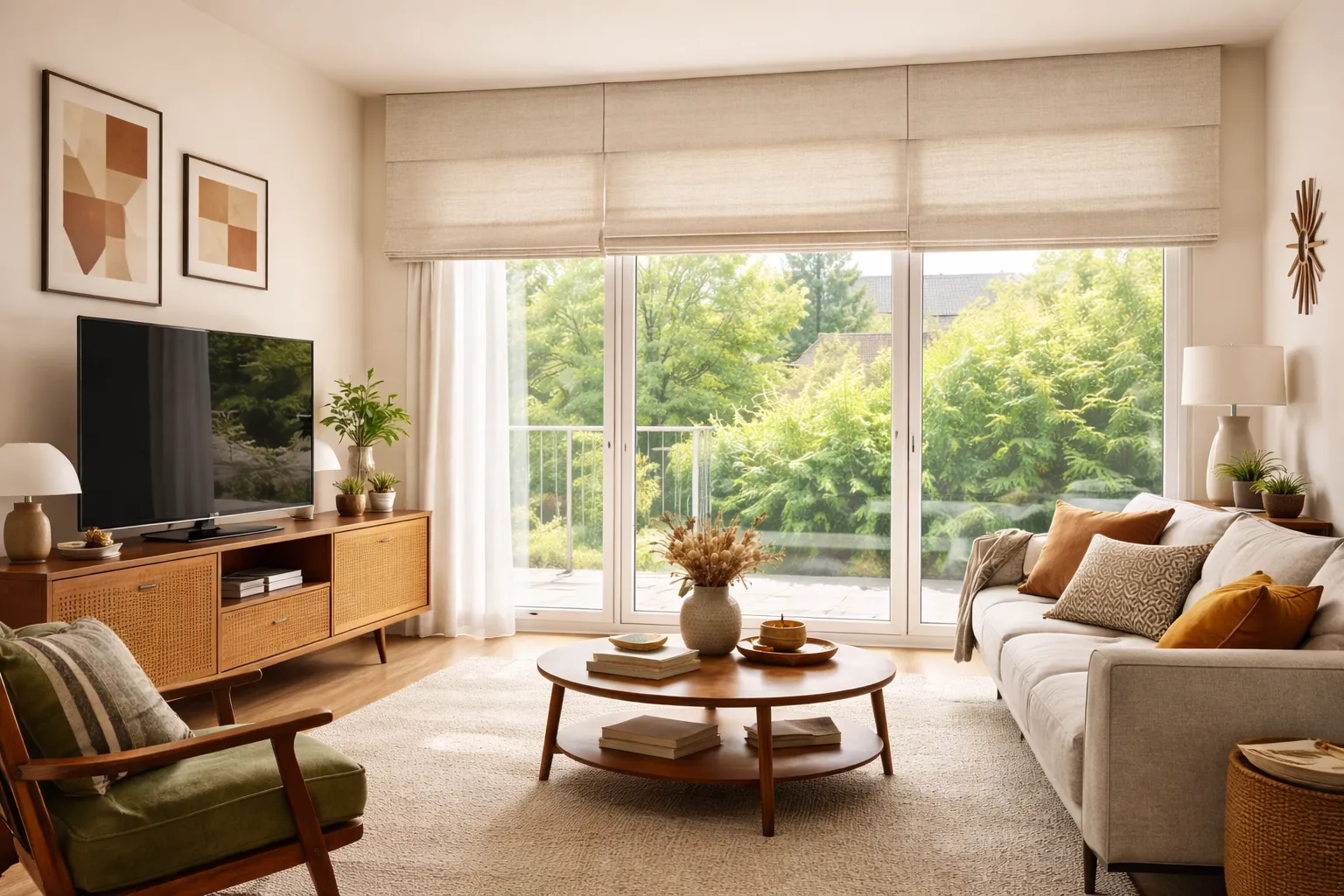 Estores romanos lisos estilo Mid Century en salón luminoso con grandes ventanales