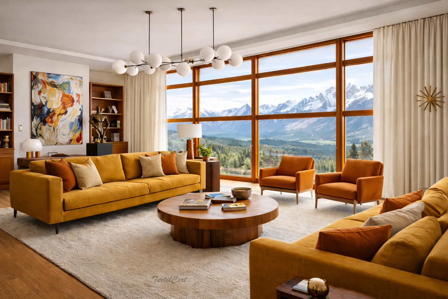 Cortinas lisas estilo Mid Century en salón panorámico con grandes ventanales y vistas