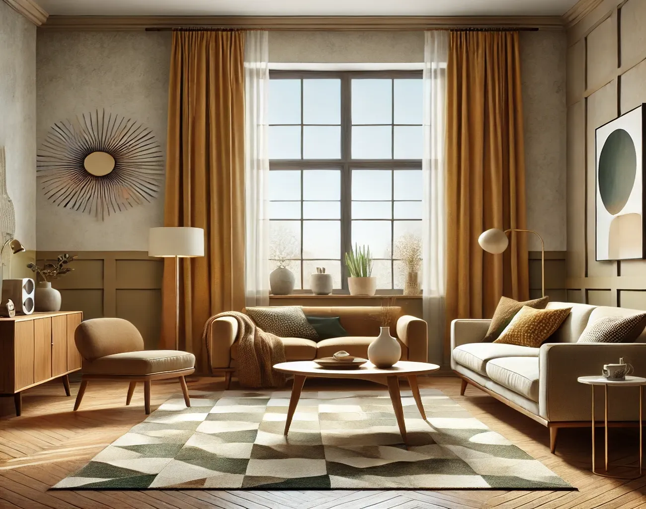 Cortinas en tonos mostaza estilo Mid Century en salón equilibrado y luminoso