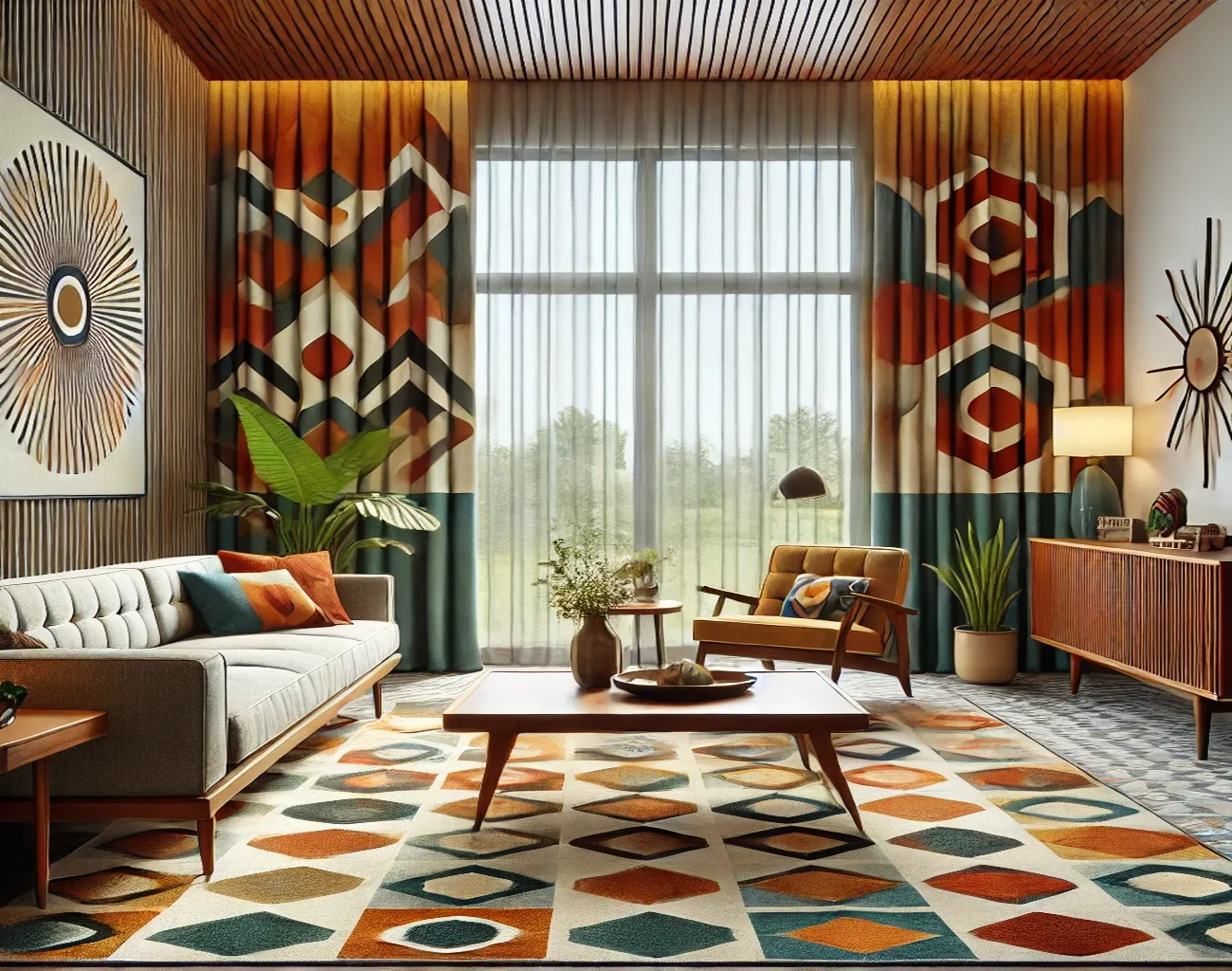Cortinas geométricas Mid Century con visillos en salón de fuerte personalidad