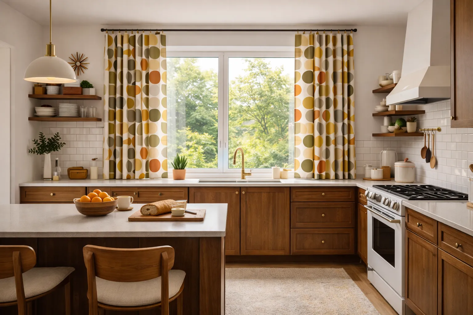 Cortinas geométricas Mid Century en cocina luminosa con madera y estética retro