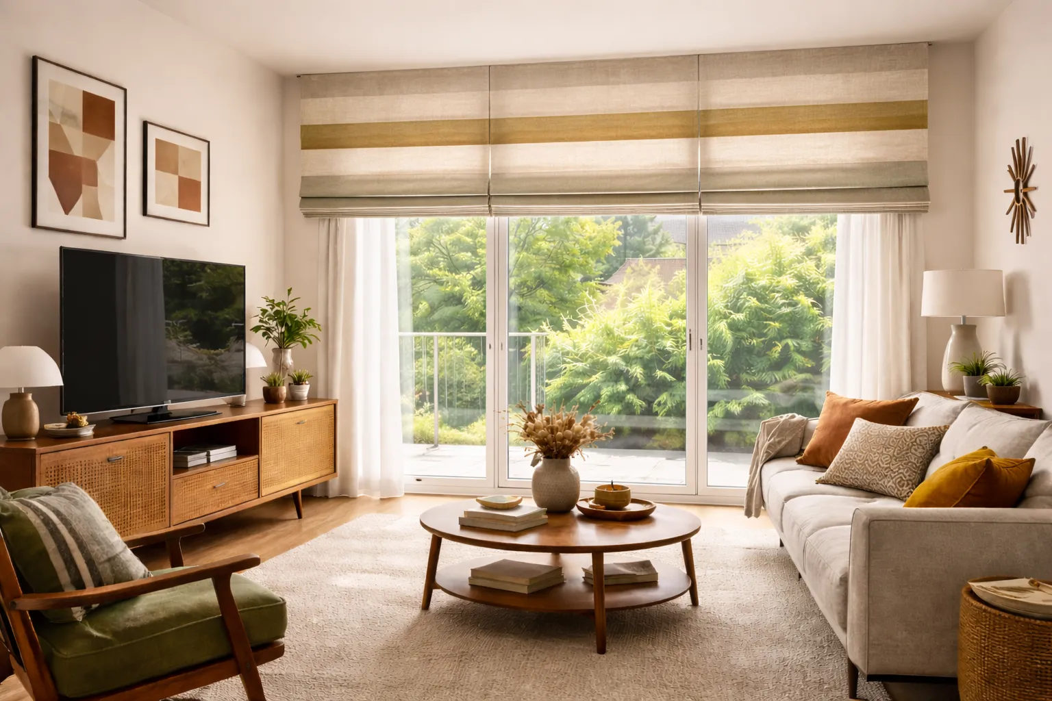 Estores romanos listados estilo Mid Century en salón con ventanal y luz natural