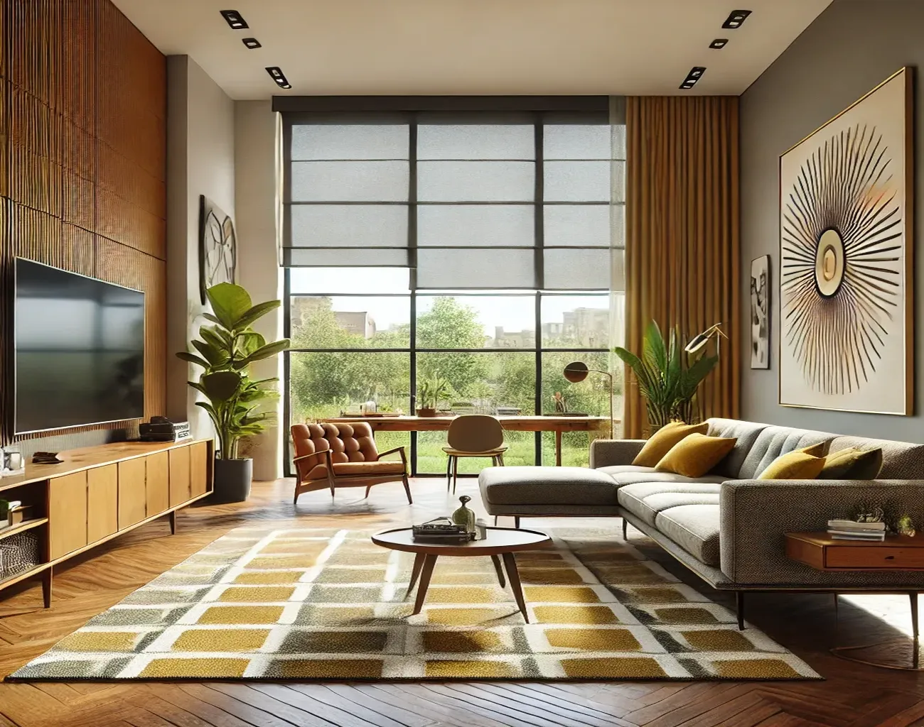 Estor de líneas limpias estilo Mid Century en salón contemporáneo con gran ventanal