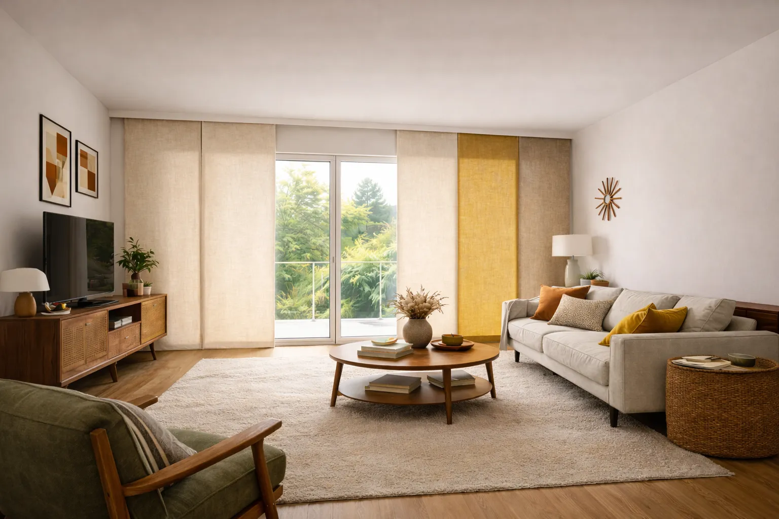 Panel japonés estilo Mid Century en salón amplio con ventanal y tonos cálidos