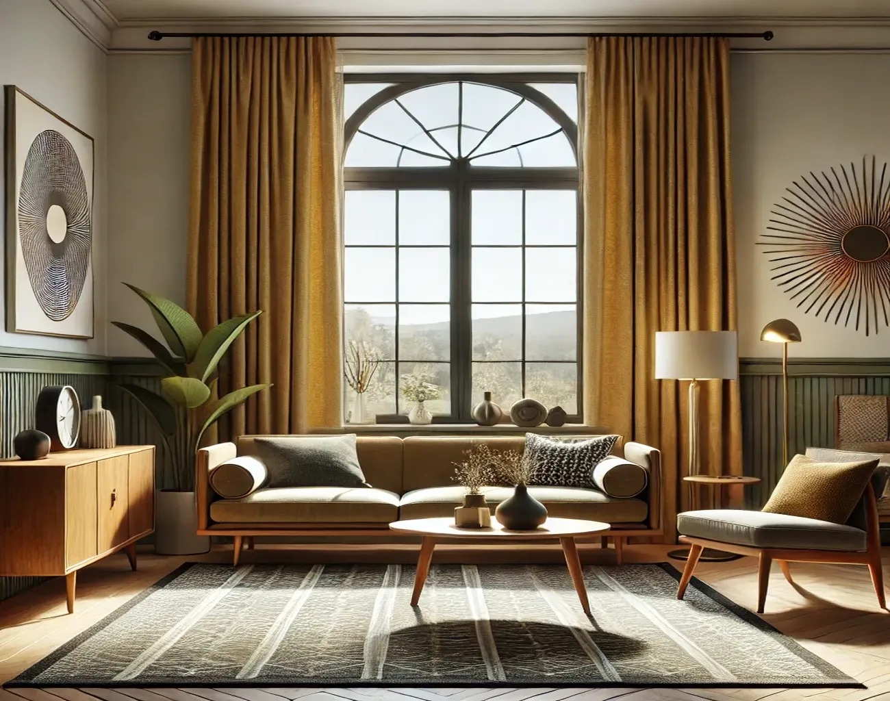 Cortinas de caída recta estilo Mid Century en salón elegante con gran ventanal arqueado