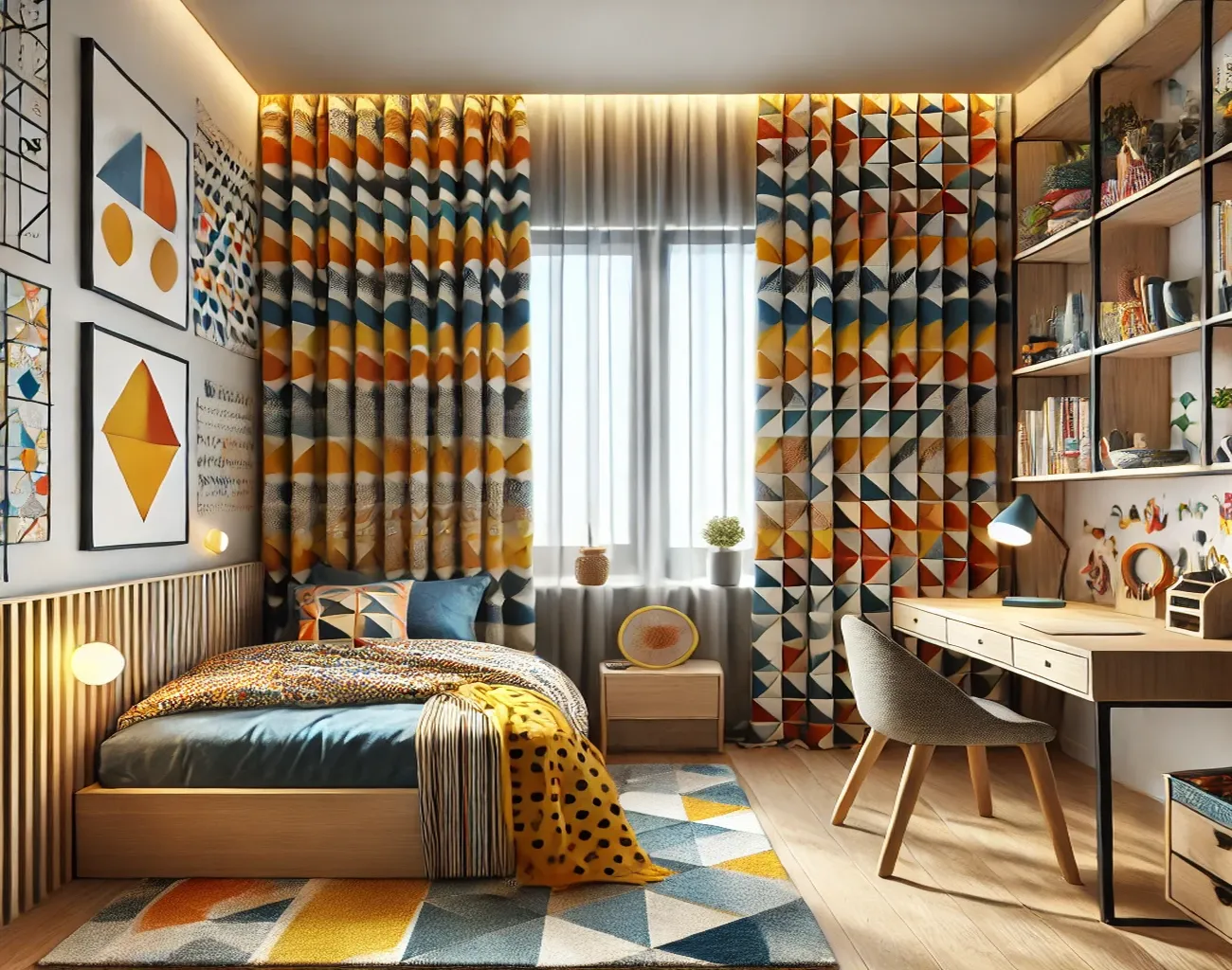 Cortinas geométricas estilo Mid Century en dormitorio juvenil creativo