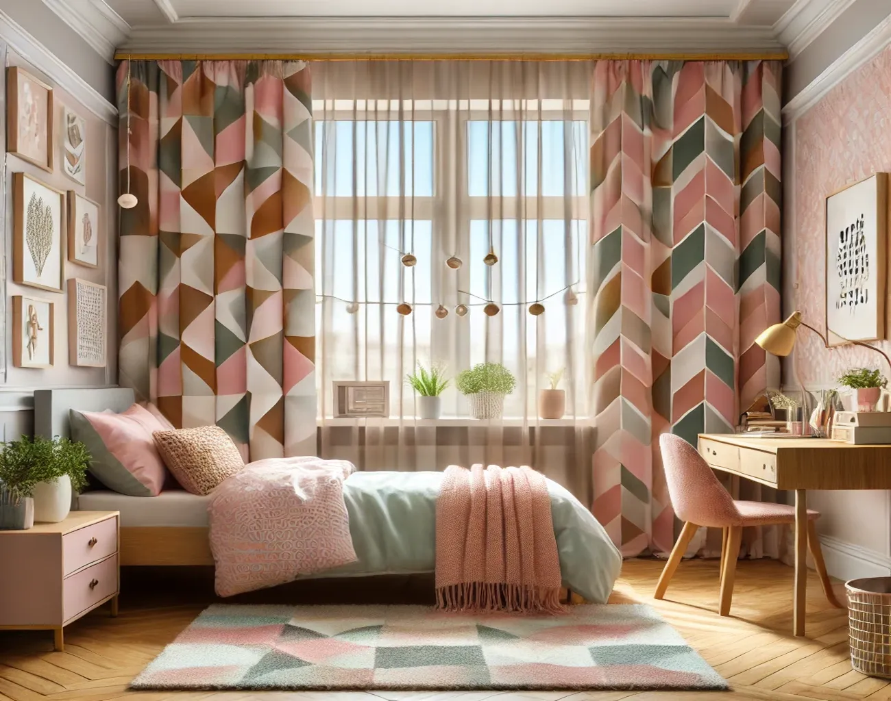 Cortinas geométricas estilo Mid Century en dormitorio juvenil luminoso