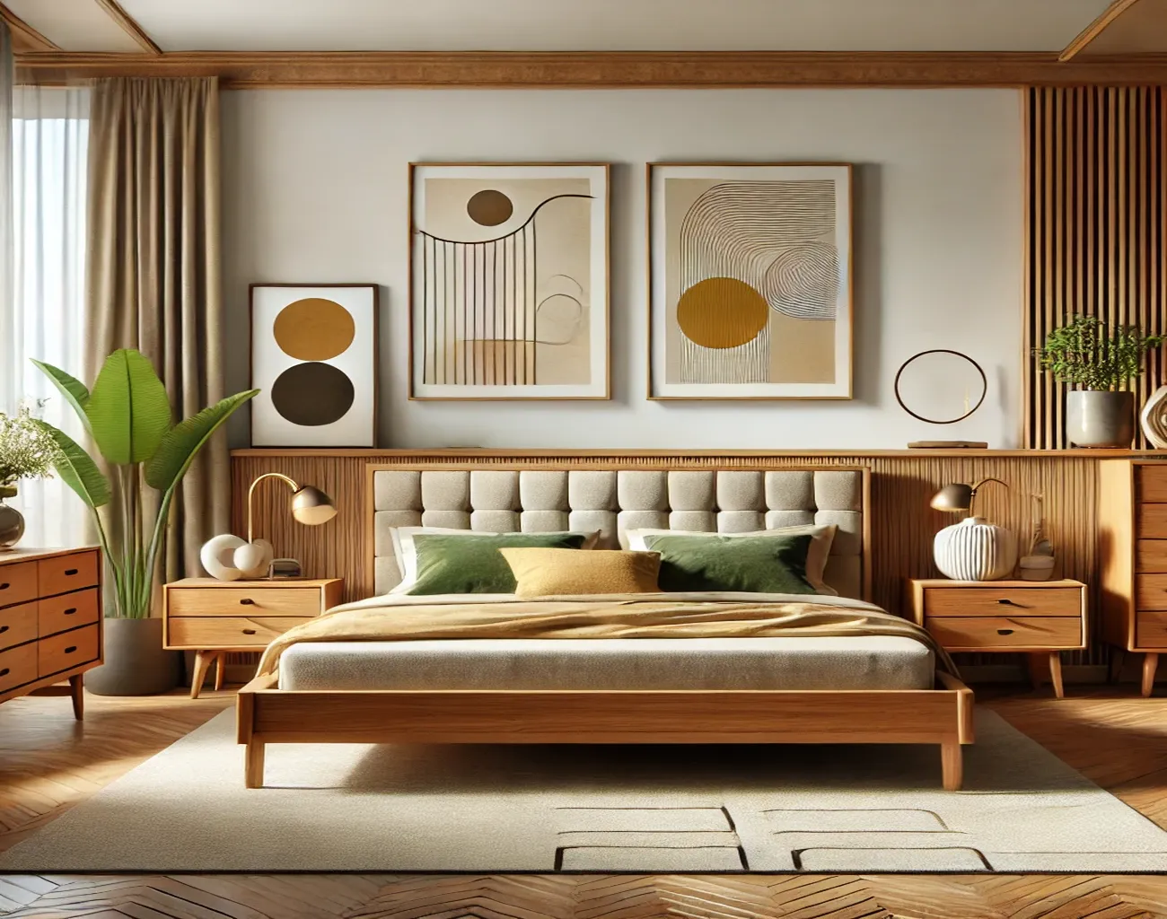 Cortinas lisas estilo Mid Century en dormitorio principal elegante y equilibrado