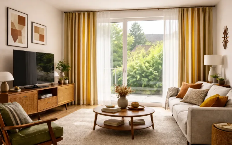 Cortinas estilo Mid Century en salón luminoso con ventanal y diseño retro moderno