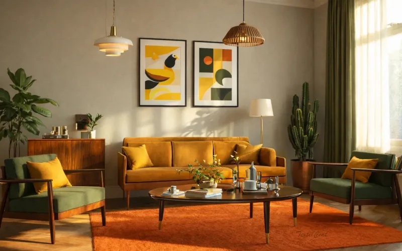 Interior mid century con ventanal y cortinas en tonos cálidos