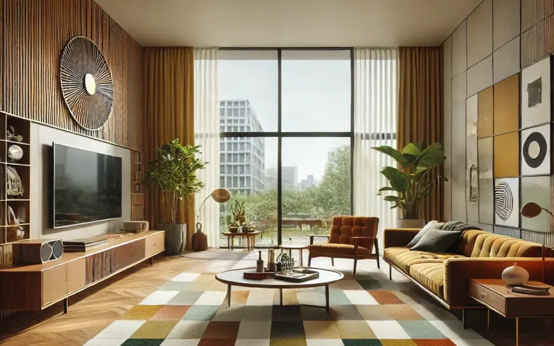 Cortinas y visillos estilo Mid Century en salón amplio con gran ventanal urbano