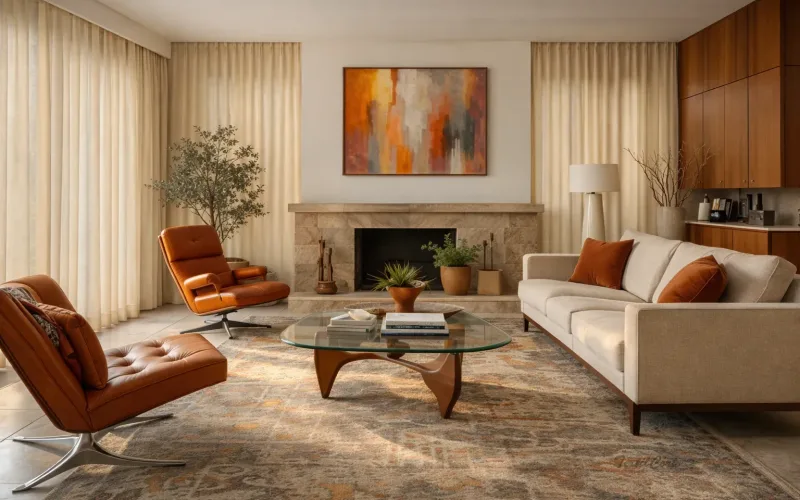 Cortinas lisas estilo Mid Century en salón elegante con chimenea y tonos cálidos