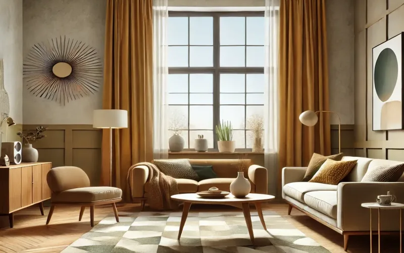 Cortinas en tonos mostaza estilo Mid Century en salón equilibrado y luminoso