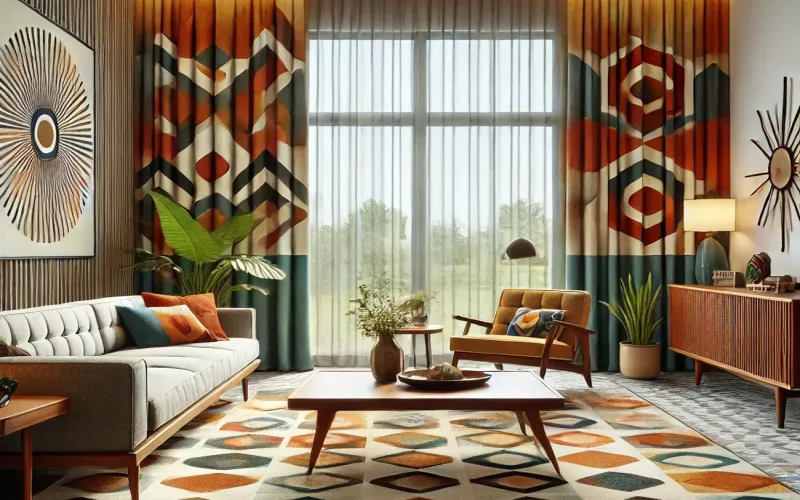 Cortinas geométricas Mid Century con visillos en salón de fuerte personalidad