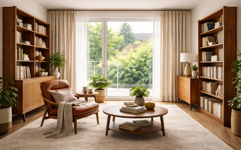Cortinas claras Mid Century en salón de lectura con madera y líneas depuradas