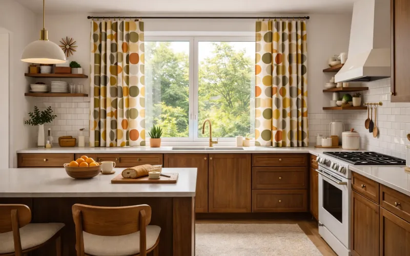 Cortinas geométricas Mid Century en cocina luminosa con madera y estética retro