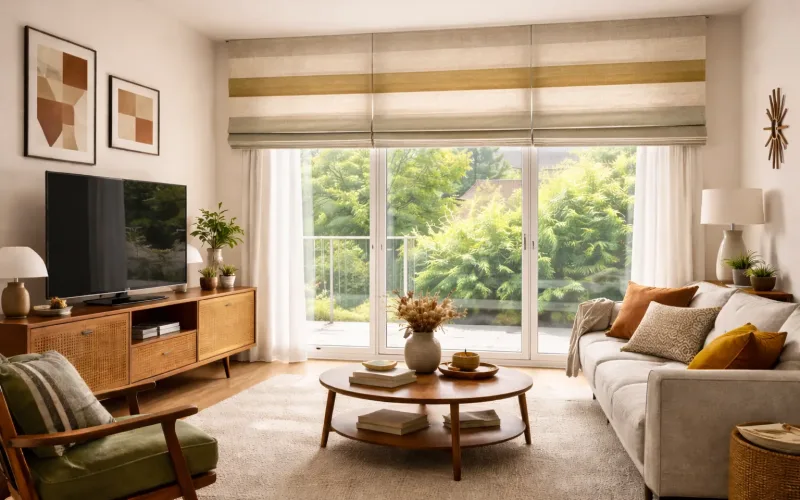 Estores romanos listados estilo Mid Century en salón con ventanal y luz natural
