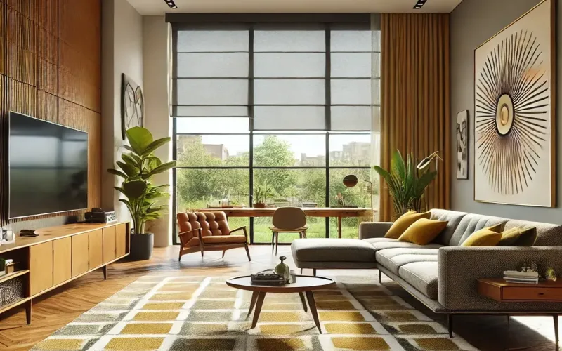 Estor de líneas limpias estilo Mid Century en salón contemporáneo con gran ventanal
