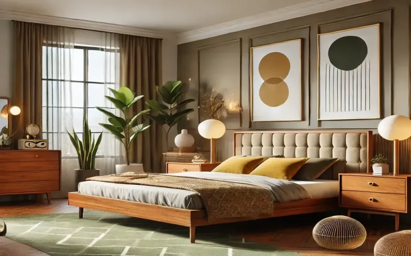 Cortinas estilo Mid Century en dormitorio principal con textiles cálidos y diseño retro