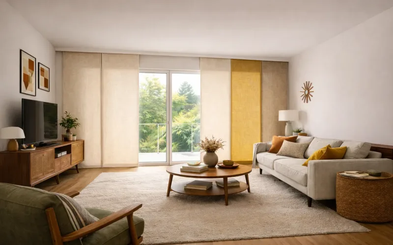Panel japonés estilo Mid Century en salón amplio con ventanal y tonos cálidos